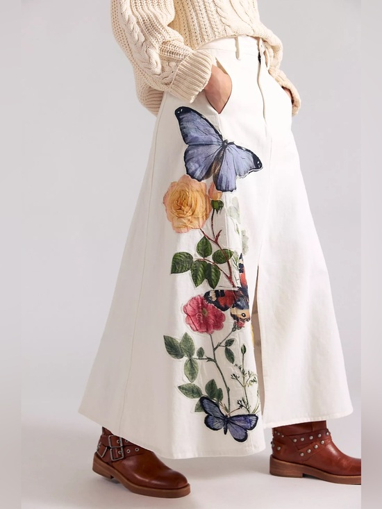 Free People Dresses & Skirts - Free people Denim And Bone Floral Denim Maxi Skirt